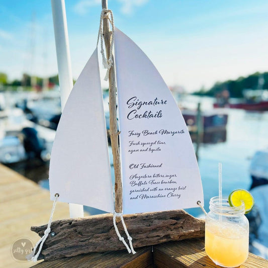 Driftwood Sailboat Bar Menu: Coastal Wedding Decor - 24" Signature Drink Sign
