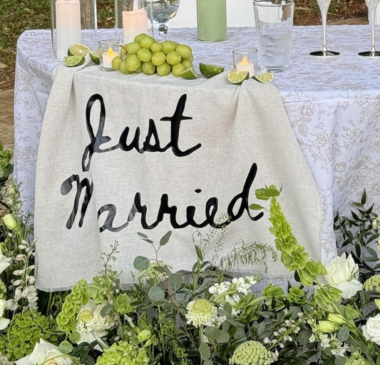 Handmade Linen 'Just Married' Sweetheart Table Sign: Rustic Wedding Decor