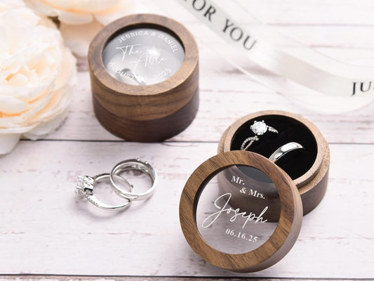 Personalized Walnut Wedding Ring Box: Engraved Acrylic Engagement Gift