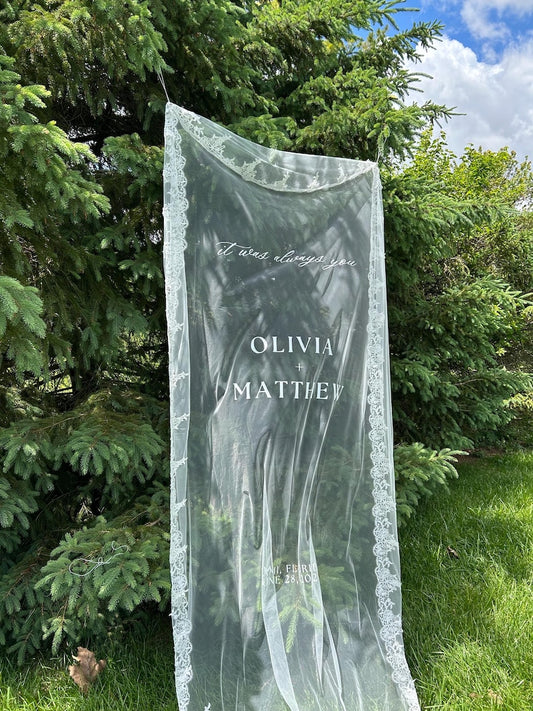 Welcome Fabric Sign, Sheer Sign, Fabric Sign, Wedding Veil, fabric sign, Custom Wedding Welcome Sign, Personalized Lace Edge Sign