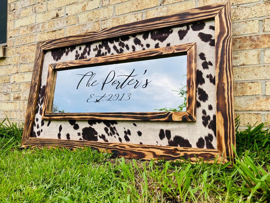 Framed cowhide mirror personalized with name/ Western mirror/ Cowhide decor wedding gift farmhouse decor