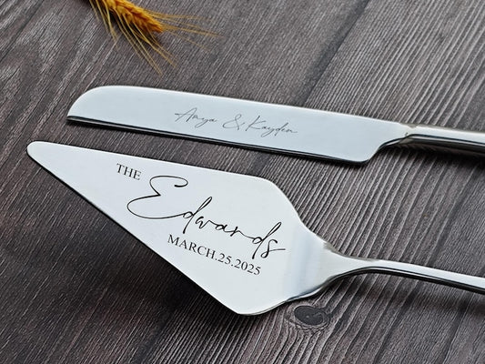 Personalized Wedding Cake Cutting Set, Custom Knife and Server with Engraved Name