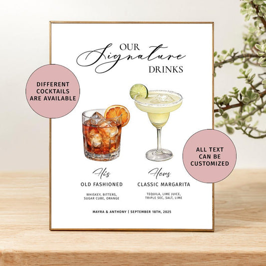 Signature wedding drink sign Signature cocktails for wedding Drink menu custom bar signs Wedding cocktails menu Signature drink signs design