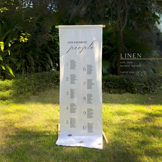 Fabric Seating Chart with Wood Stand: Minimalist Wedding, Engagement - Canvas, Linen, Chiffon