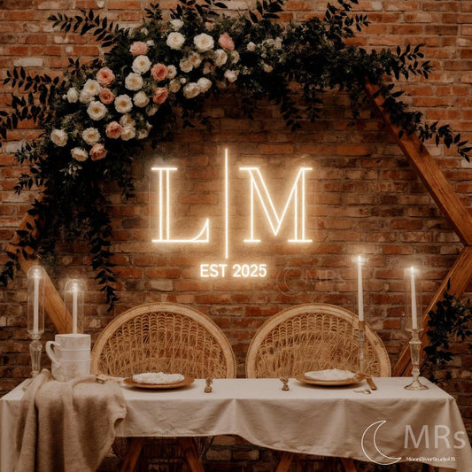 Custom initials minimalist wedding sign, Couple initials with Est Year, Modern wedding backdrop LED, Engagement party sign, LED initials art
