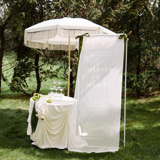 Sheer Wedding Welcome SignŒPersonalized Organza Fabric BannerŒCustom Wedding Welcome FabricŒElegant Wedding Entrance Decor