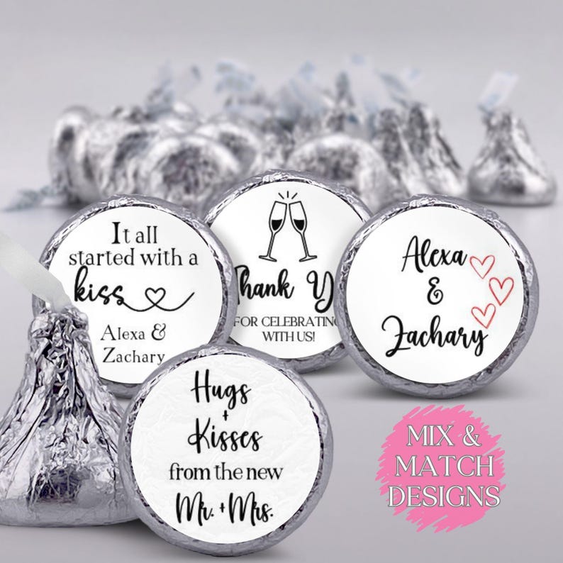 108 Custom Wedding Stickers for Wedding Guest Gifts Hugs & Kisses Hershey Favor for Guest Bulk Personalized Favor Label Wedding Kiss Favors