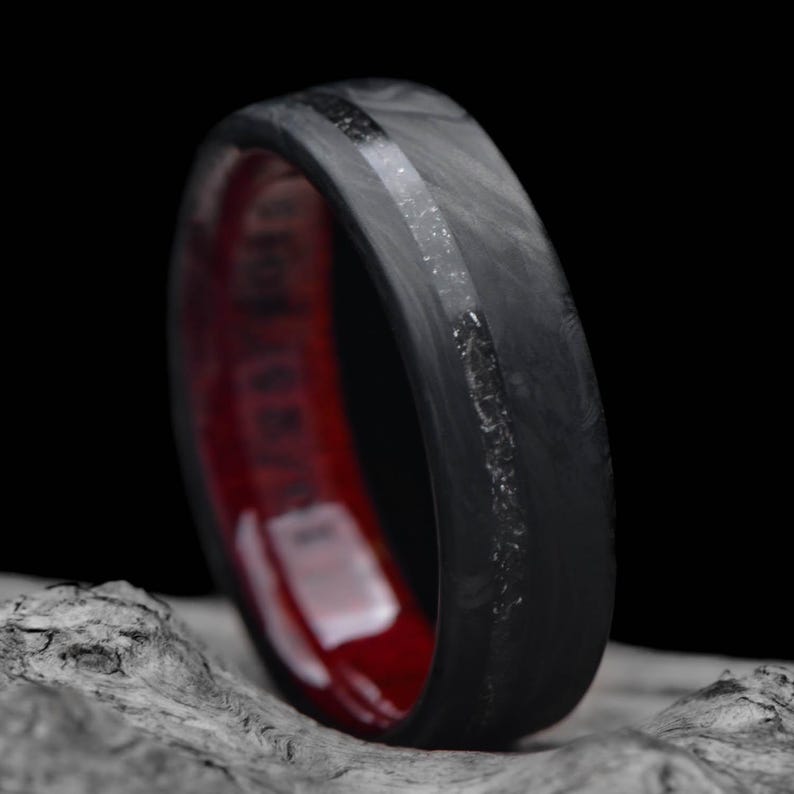 Forged Meteorite and Bloodwood Wedding Band | FREE ENGRAVING | 7mm | Men's Matte Flat Profile Ring | Unique Custom Men's Ring