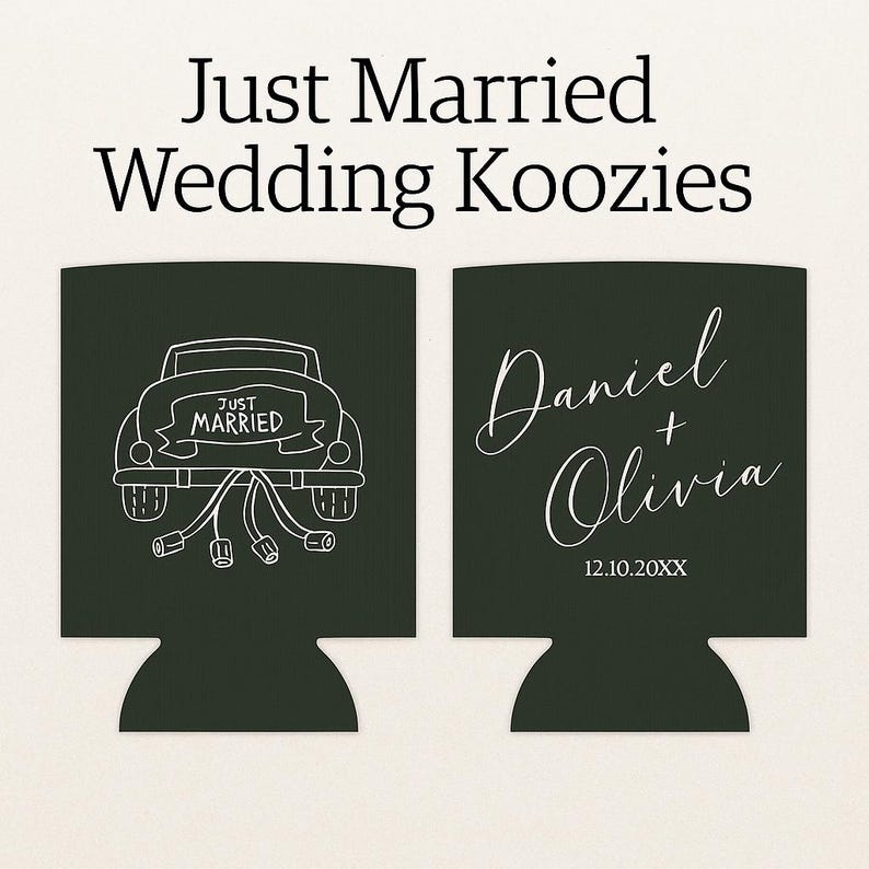 Just Married Wedding Koozies  Custom Bride & Groom Name Favor  Personalized Can Cooler  Rustic Wedding Favor  Date Included