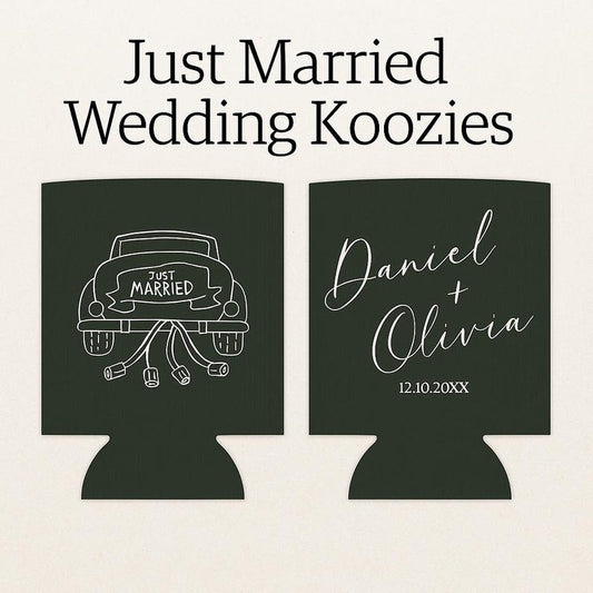 Just Married Wedding Koozies  Custom Bride & Groom Name Favor  Personalized Can Cooler  Rustic Wedding Favor  Date Included