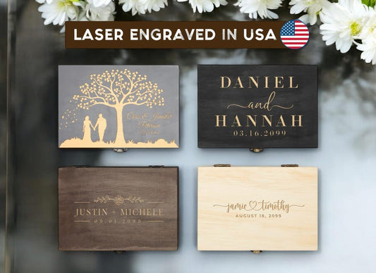 Wood memory box, rustic wooden keepsake box, personalized engraved gift box, wedding memory chest, jewelry or photo box, couple's custom box