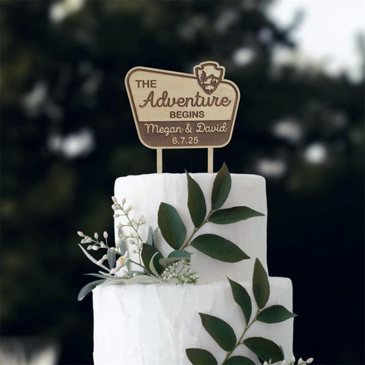 Adventure Wedding Cake Topper: Custom Wood, National Park Nature Theme