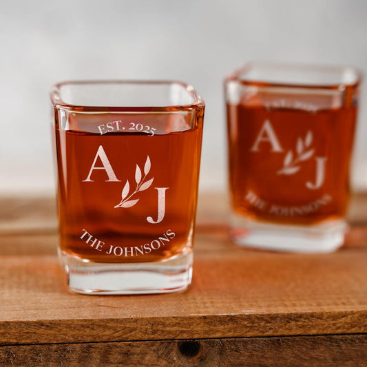 Initials Laurel Wedding Shot Glasses: Custom Wedding Favors for Guests in Bulk