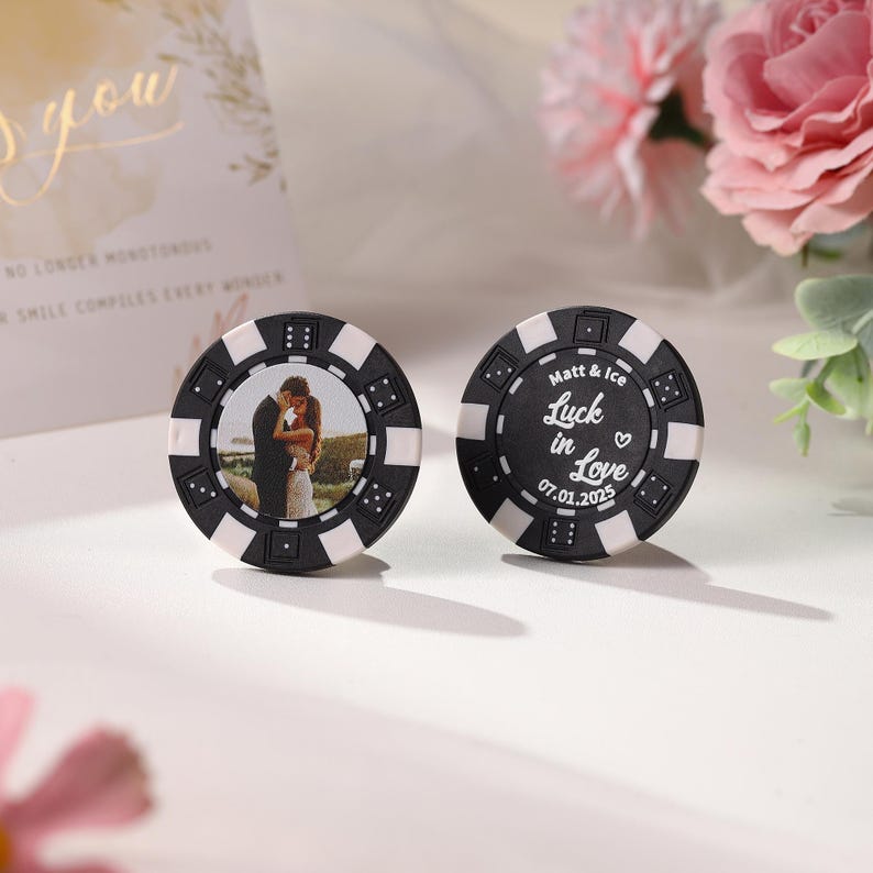 Custom Wedding Poker Chips Set, Personalized Printed Color Photo, Engagement Keepsake, Drink Tokens, Vegas Casino Party Favors Gift