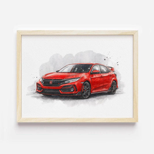 Honda Civic Watercolor Portrait: Custom Car Art Print, Garage Decor