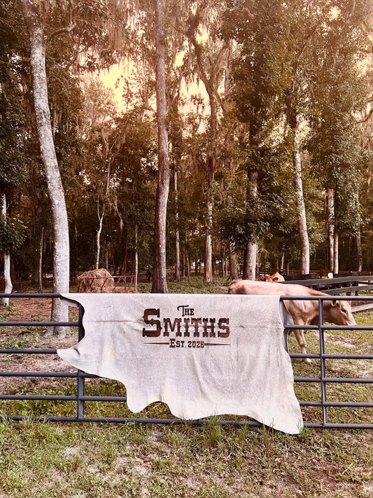 Engraved Cowhide Rug: Personalized Wedding Decor, Branded Logo, branded cowhide