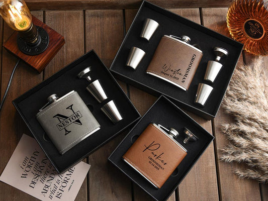 Personalized Groomsman Leather Flask Set, Custom Leather Flask for Men, Groomsmen Gift, Best Man Flask Gift, Groomsmen Proposal,Wedding Gift