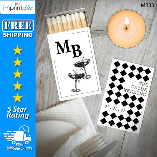 Custom Wedding Matches Box, Personalized Matchboxes, Champagne Checkered Match| Custom Wedding Favors, Custom Matches - MB33