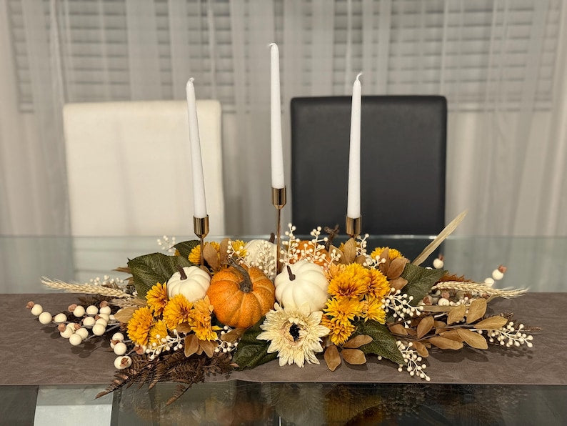 Fall Centerpiece with Pumpkins and Candles | Thanksgiving Table Decor | Autumn Floral Arrangement