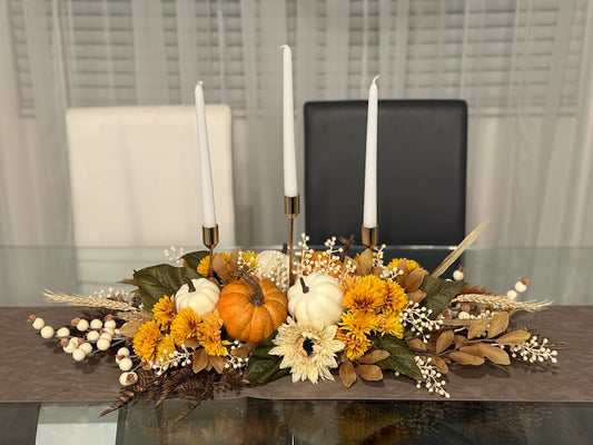 Fall Centerpiece with Pumpkins and Candles | Thanksgiving Table Decor | Autumn Floral Arrangement