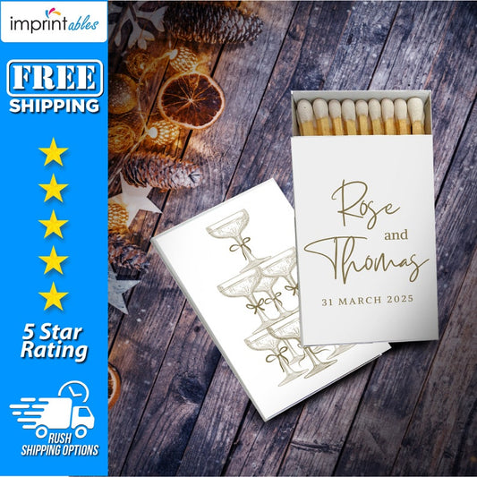 Custom Wedding Matches Box, Personalized Matchboxes, Champagne with Bow Match| Custom Wedding Favors, Custom Matches