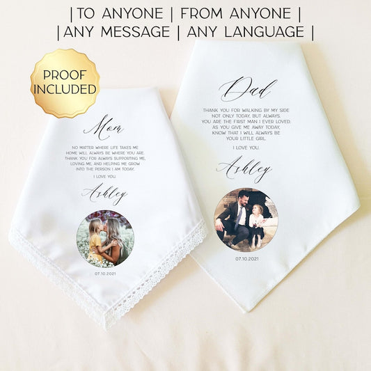 CUSTOM PHOTO Wedding Handkerchief Gift: Wedding Gifts for Parents, Father of the Bride Gift, Mother of the Bride Gift, Parents of the Bride