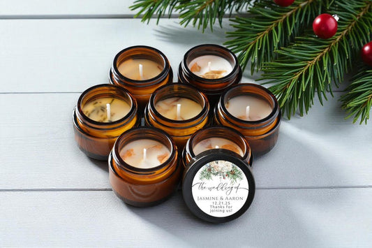 Winter Wedding Candle Favors €¢ 1oz Amber Jar Soy Candles €¢ Personalized Wedding Gifts for Guests €¢ 10/25/50 Pack €¢ Mini Gift Boxes
