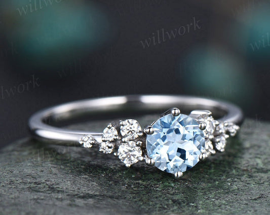 Dainty Round Aquamarine Ring Gold Vintage Aquamarine Engagement Ring White Gold Unique Snowdrift Engagement Ring Diamond Ring Women Gifts