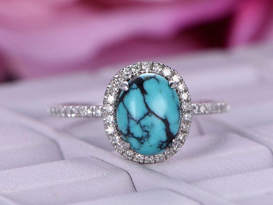 Diamond Halo Oval Turquoise Ring White Gold December Birthstone Jewelry