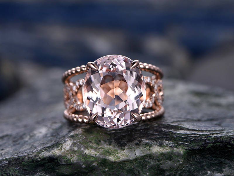 10x12mm Big Oval Morganite Engagement Ring- Solid 14k Rose Gold Anniversary Ring-Solitaire Stacking Band- Art Deco Floral Promise Ring