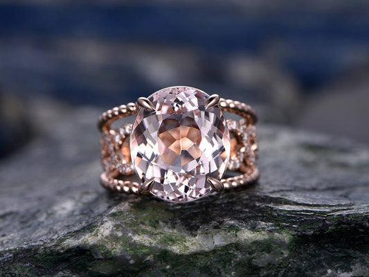 10x12mm Big Oval Morganite Engagement Ring- Solid 14k Rose Gold Anniversary Ring-Solitaire Stacking Band- Art Deco Floral Promise Ring