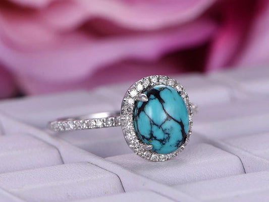 Diamond Halo Oval Turquoise Ring White Gold December Birthstone Jewelry