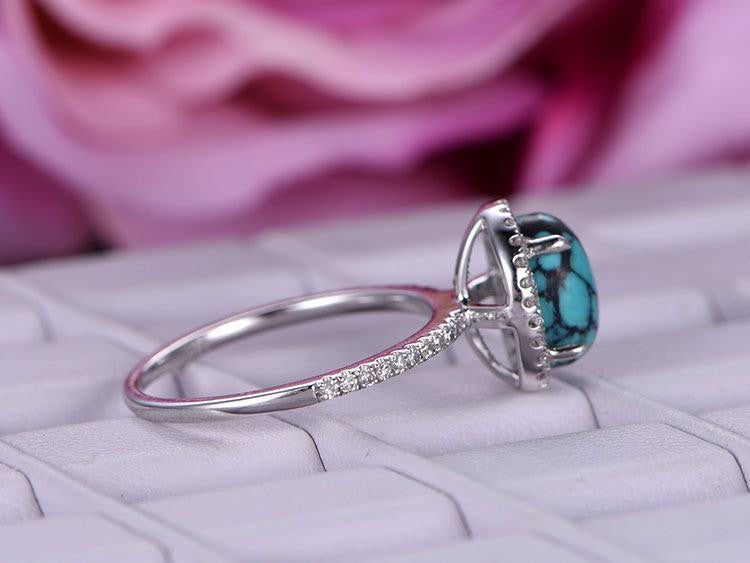 Diamond Halo Oval Turquoise Ring White Gold December Birthstone Jewelry