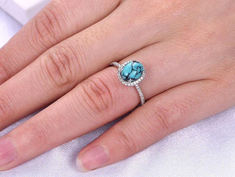 Diamond Halo Oval Turquoise Ring White Gold December Birthstone Jewelry