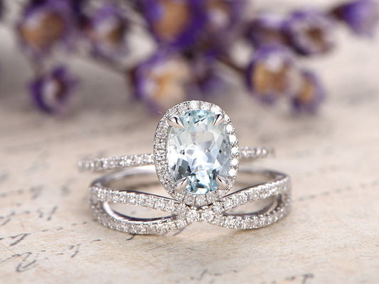 2pcs Aquamarine engagement ring with diamond set,Solid 14k White gold bridal ring,8mm Oval gem Twisted Wedding band custom made fine jewelry