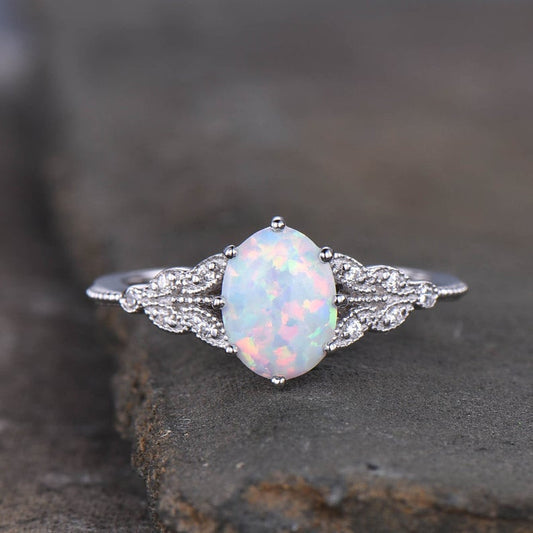 14K/18K Female Art Deco Opal Diamond Engagement Ring White Gold