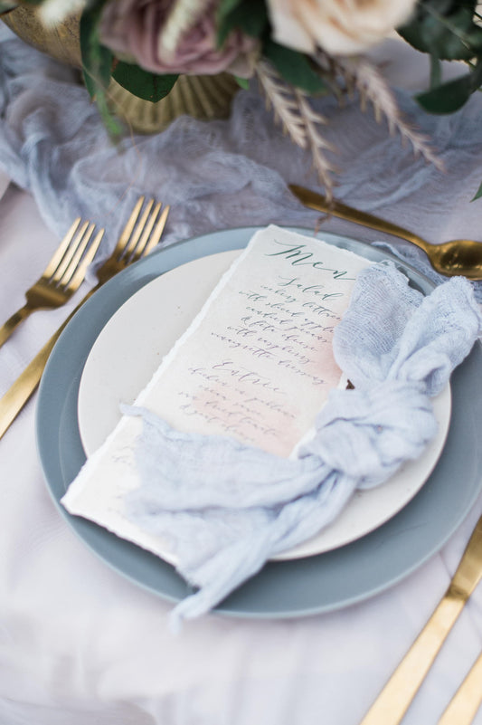 4x8 Ripped Edges Menu in Grey, Blush & Ivory with Modern Calligraphy — Printed Wedding Menu, Vintage Feel