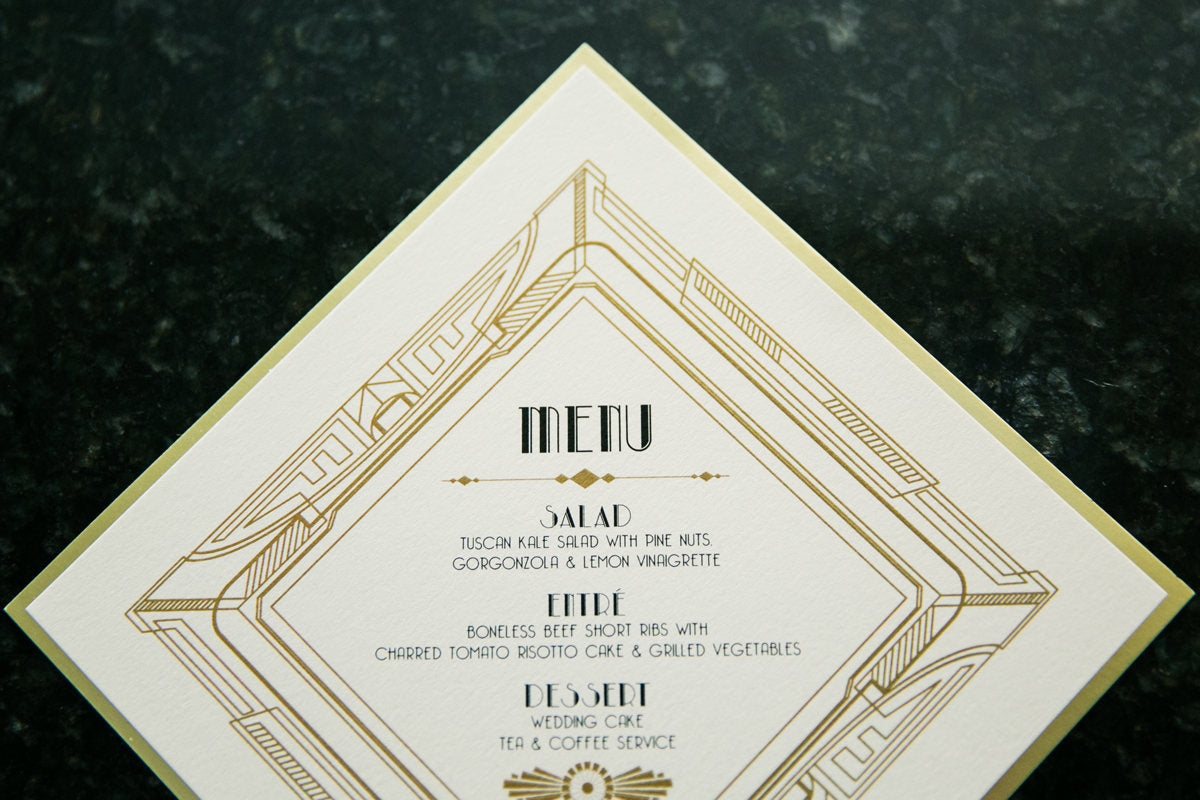 Glam Great Gatsby, Art Deco, Art Nouveau, Roaring 20's Printed Wedding Menu in Black and Metallic Gold - Other Colors Available!