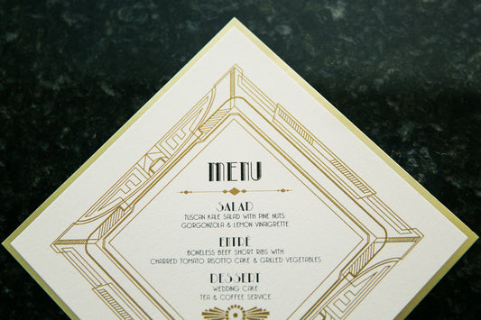 Glam Great Gatsby, Art Deco, Art Nouveau, Roaring 20's Printed Wedding Menu in Black and Metallic Gold - Other Colors Available!
