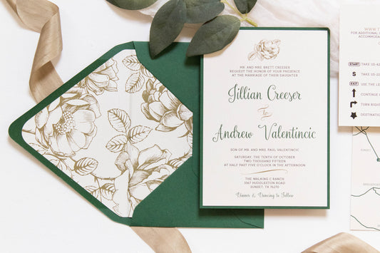5x7 Metallic Gold Floral & Forest Green Wedding Invitation with Directions Insert, Postcard RSVP and Envelope Liner. Different Color Options