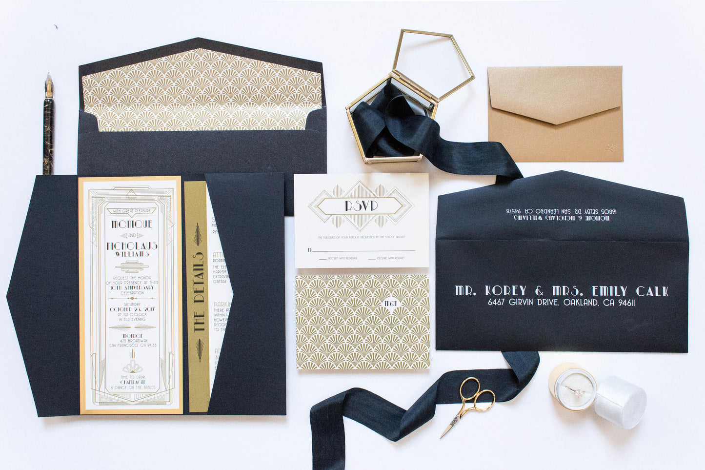4x9 OR 5x7 Pocket Art Deco Great Gatsby Themed Gold and Black Wedding Invitation, Envelope, Details & RSVP