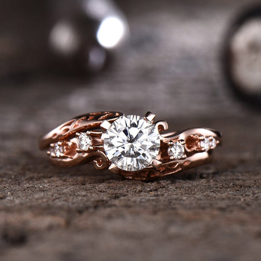 Forever One Moissanite Engagement Ring Rose Gold Moissanite Wedding Set Art Deco Unique Wedding Ring Antique Bridal Set Curve Open Band 14K