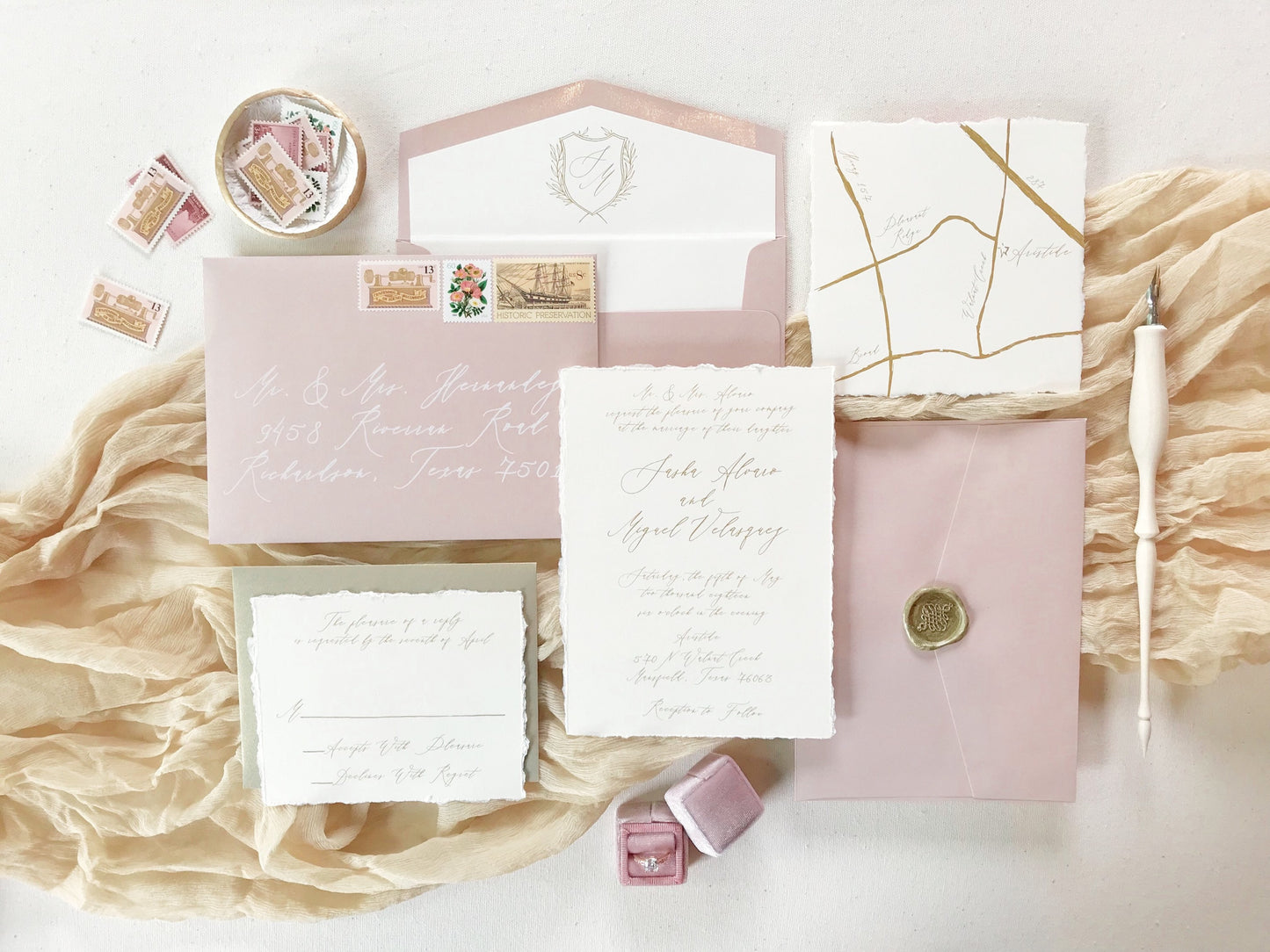 Modern Calligraphy Monogram Crest Wedding Invitation in Gold, Ivory and Blush Pink — Custom Map, Envelope Liner, RSVP & Address Printing