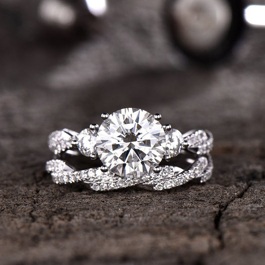 Forever One Moissanite Infinity Engagement Ring Twist Diamond Wedding Band Full Eternity Bridal Set 8mm Round 3 Stone Ring 14K White Gold