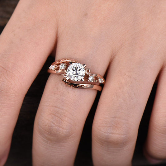 Forever One Moissanite Engagement Ring Rose Gold Moissanite Wedding Set Art Deco Unique Wedding Ring Antique Bridal Set Curve Open Band 14K