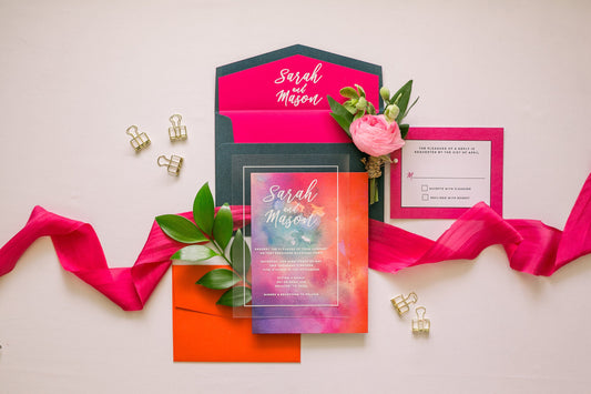 Modern White Ink Wedding Invitation on Crystal Clear Film Transparent Like Acrylic with Bright Colorful Water Color — Liner & Addressing