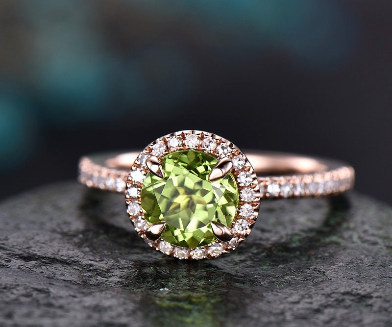 Green Natural Peridot Engagement Ring-Solid 14k Rose Gold-Handmade Diamond Bridal Ring-Stacking Band-Round Promise Ring Diamond Halo Ring