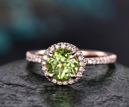 Green Natural Peridot Engagement Ring-Solid 14k Rose Gold-Handmade Diamond Bridal Ring-Stacking Band-Round Promise Ring Diamond Halo Ring