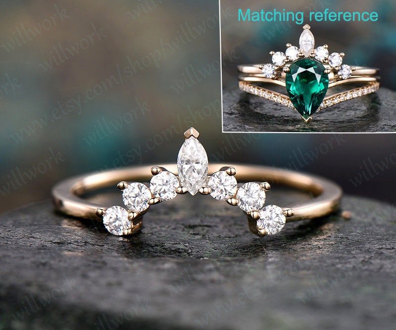 Marquise Cut Moissanite Wedding Ring 14k Yellow Gold Crown Moissanite Matching Band Unique Antique Art Deco Curved Wedding Band Gift For Her