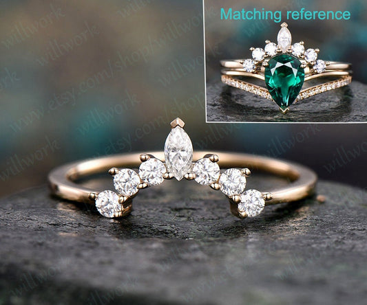 Marquise Cut Moissanite Wedding Ring 14k Yellow Gold Crown Moissanite Matching Band Unique Antique Art Deco Curved Wedding Band Gift For Her